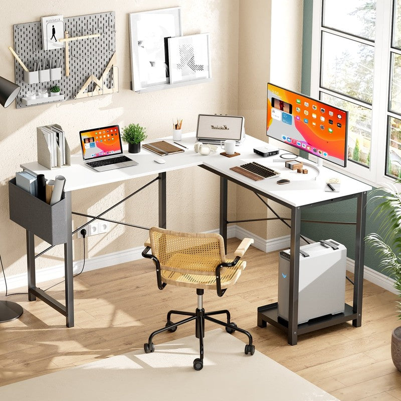 49" Modern L Shaped Computer Desk w/ Storage Shelf & Side Bag White4