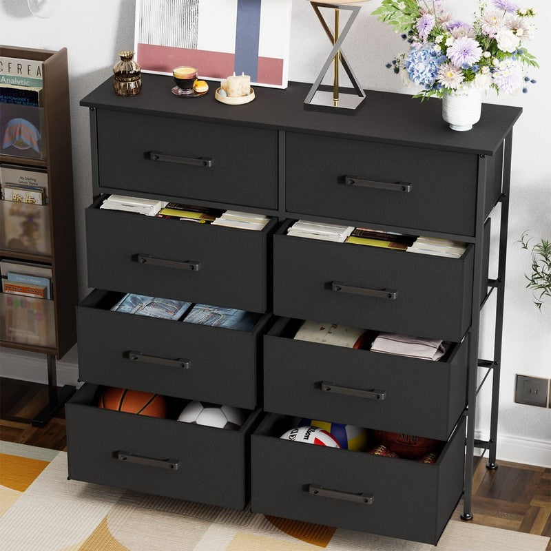 8 Drawer Fabric Dresser with Metal Frame & Wooden Top – Black5