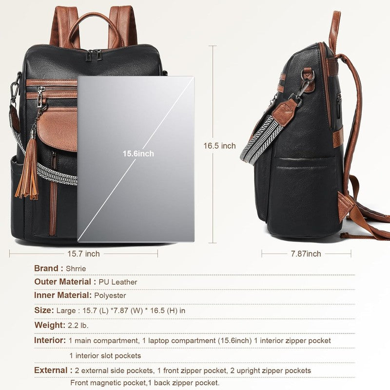 Women Laptop Backpack 15.6" Leather Travel Work Water Resistant Black Brown2
