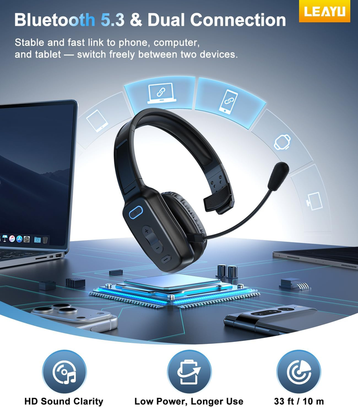 Bluetooth Headset V5.2 Noise Cancelling 60H Single Ear Wireless Mic3