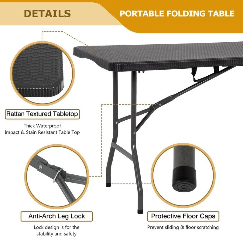 6Ft Folding Tables,Plastic Resin Table with Collapsible Alloy Steel Frame,Plasti3