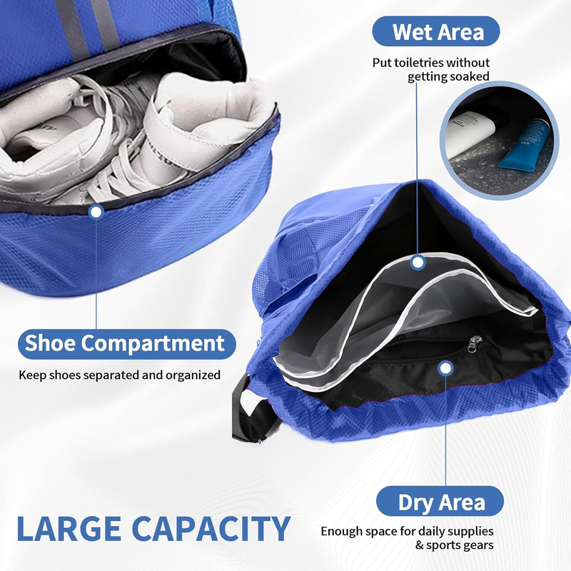 Drawstring Backpack Gym Bag w/ Shoe Compartment Water Resistant Blue Medium3