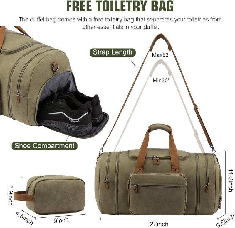 Canvas Travel Duffle Bag Army Green Carry On w/ Shoe Compartment Toiletry2