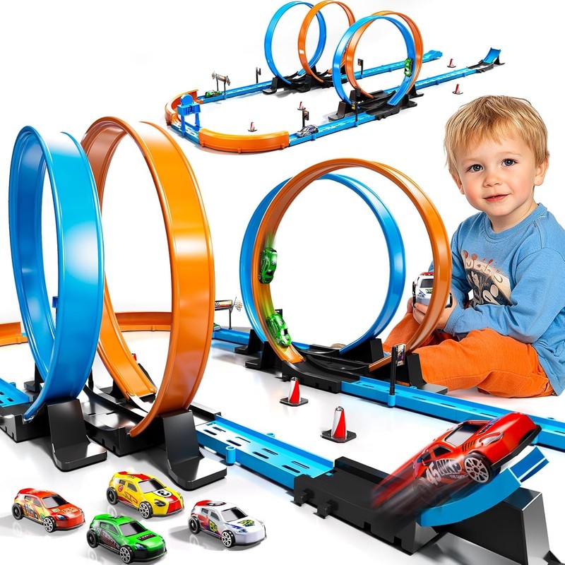 Toy Car Track Gift Set for Boys Kids Age 3 5 4 7 8 12, Long Race Tracks with 4 A6