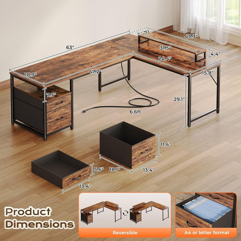 63'' L Shaped Desk w/ USB C Power Outlets Corner Office Desk Rustic Brown1