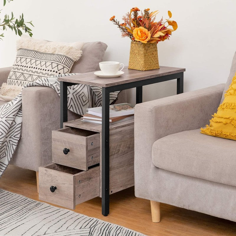 End Table Narrow Chairside Table with Drawer & Shelf Greige Black1