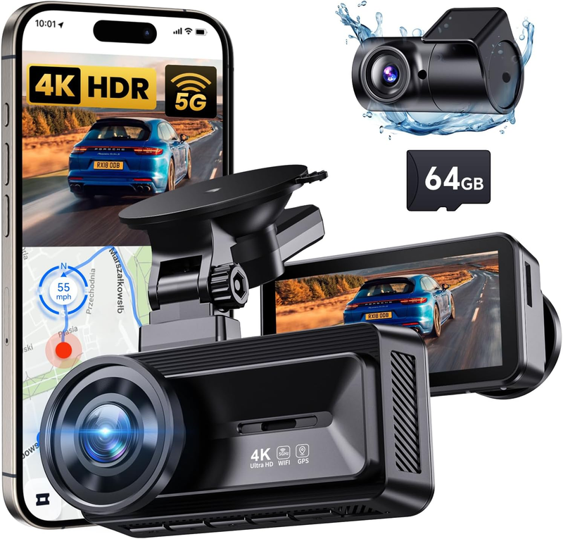 4K+1080P Front/Rear Dash Cam 64GB Card WiFi GPS Night Vision 3" IPS Screen0