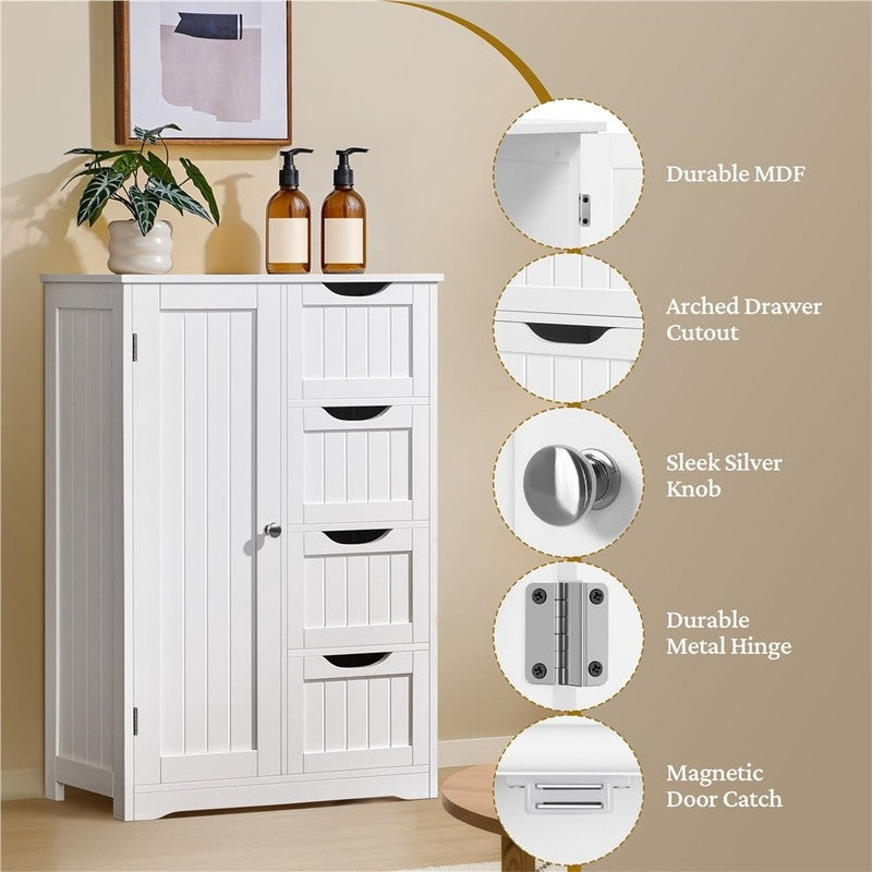Wooden Cabinet Storage Unit with 4 Drawers & Cupboard for Bathroom, White6