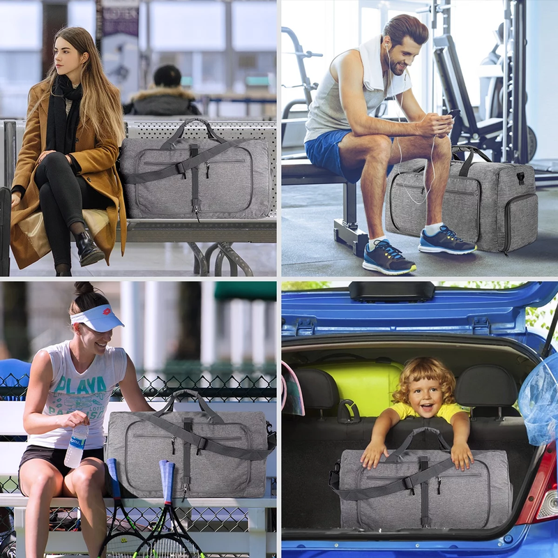 65L Foldable Travel Duffle Bag w/Shoe Compartment Waterproof Gray5