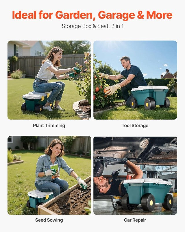 Garden Scooter with Seat, 2 in 1 Rolling Garden Cart with Storage Bin, Supports 5