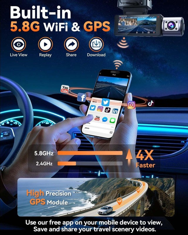 4K+1080P+1080P 3-Channel Dash Cam Front/Rear Black GPS WiFi Night Vision5