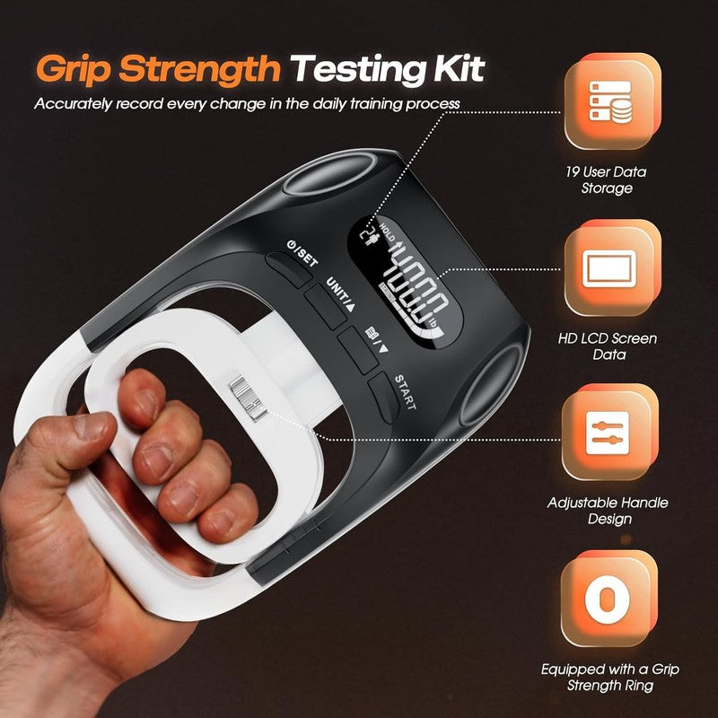 2 in 1 Grip Strength Tester & Trainer, 400Lb LCD Dynamometer + Ring Set1