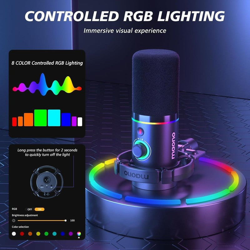Dynamic RGB Microphone Kit XLR/USB with Boom Arm Mute Gain Control Black3