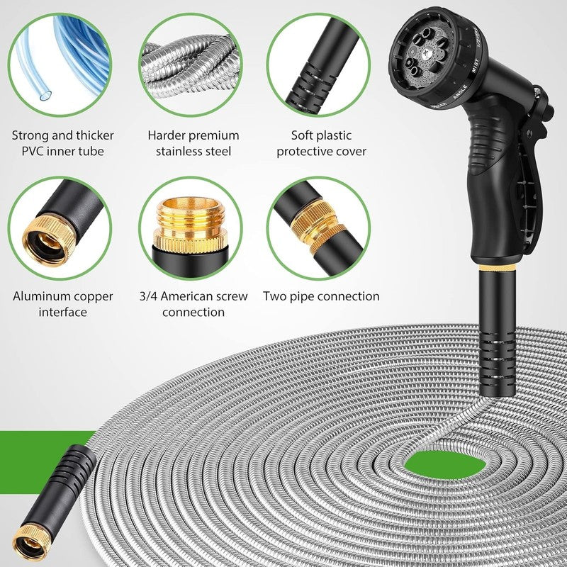 100FT Stainless Steel Garden Hose with 10 Function Nozzle, No Kink Design1