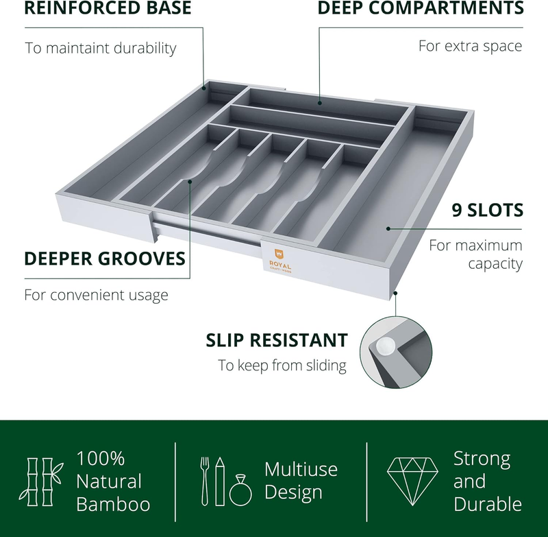 Bamboo Kitchen Drawer Organizer 9 Slot Silverware Utensil Tray Gray3