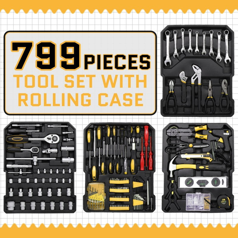 799 Pcs Tool Set, Household Repair Hand Tool Kit, Mechanics Tool Kit, with Troll4