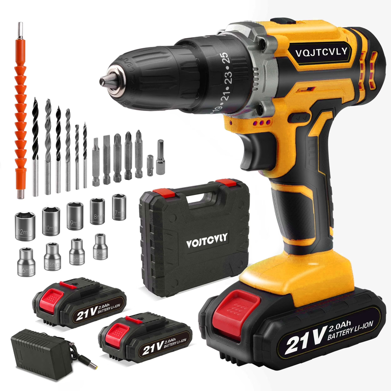21V Cordless Drill Set 2Ah Battery 25+1 Torque 2-Speed Keyless Chuck Yellow0