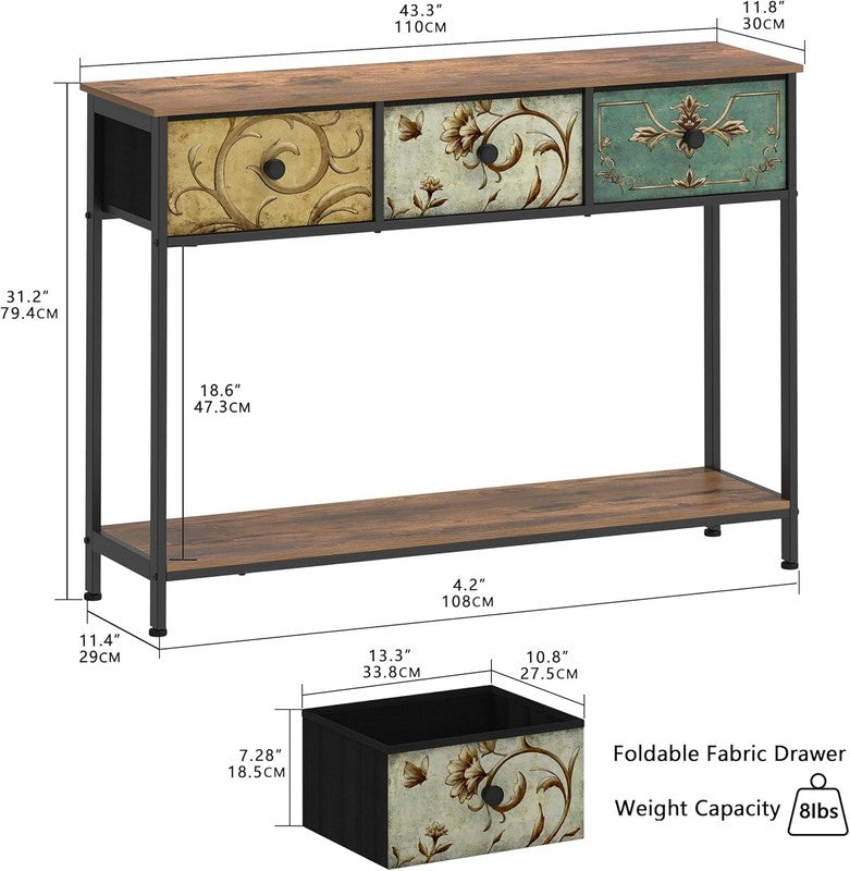 Entryway Console Table Rustic Brown Boho Sofa Table 3 Fabric Drawers Shelf1