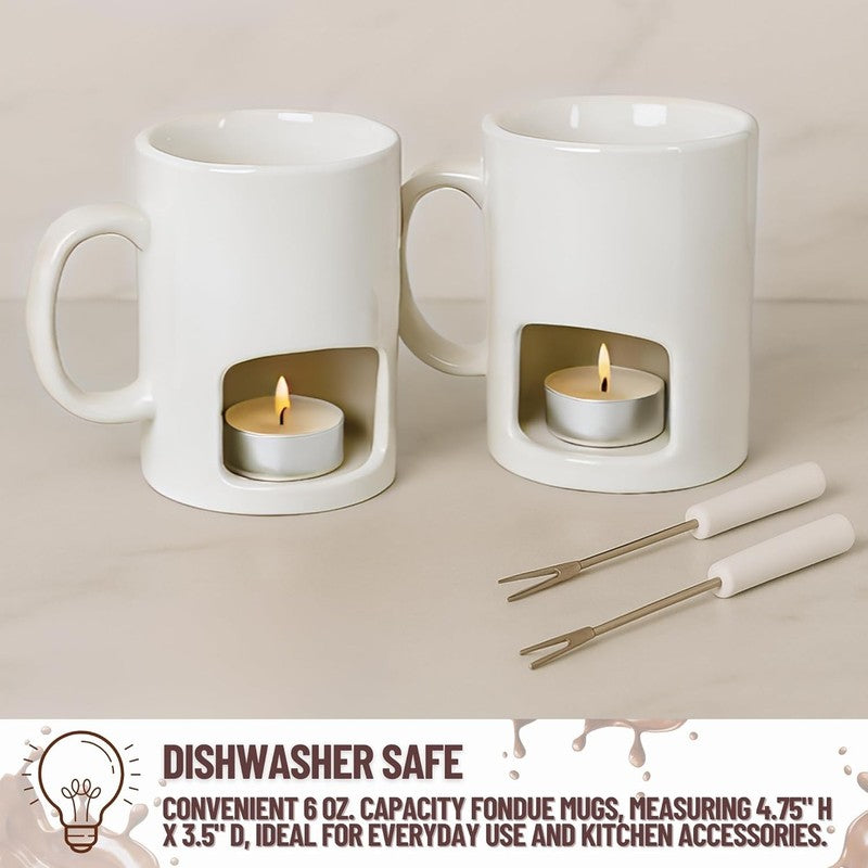 2 Pack Mini Fondue Mug Set, Ceramic, 4 Forks, 8 Candles, Chocolate/Cheese Gift4