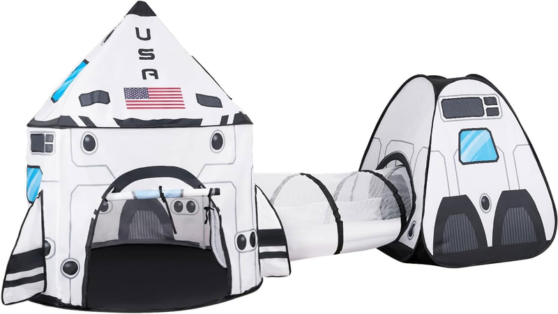 White Rocket Ship Pop up Play Tent with Tunnel and Playhouse Kids Indoor Outdoor10
