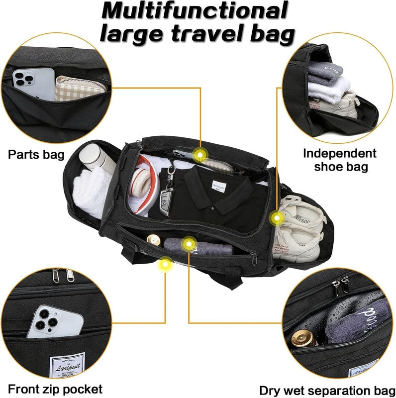 Travel Duffle Bag 40L Gym Weekender Backpack Wet Pocket Shoe Compartment Black3