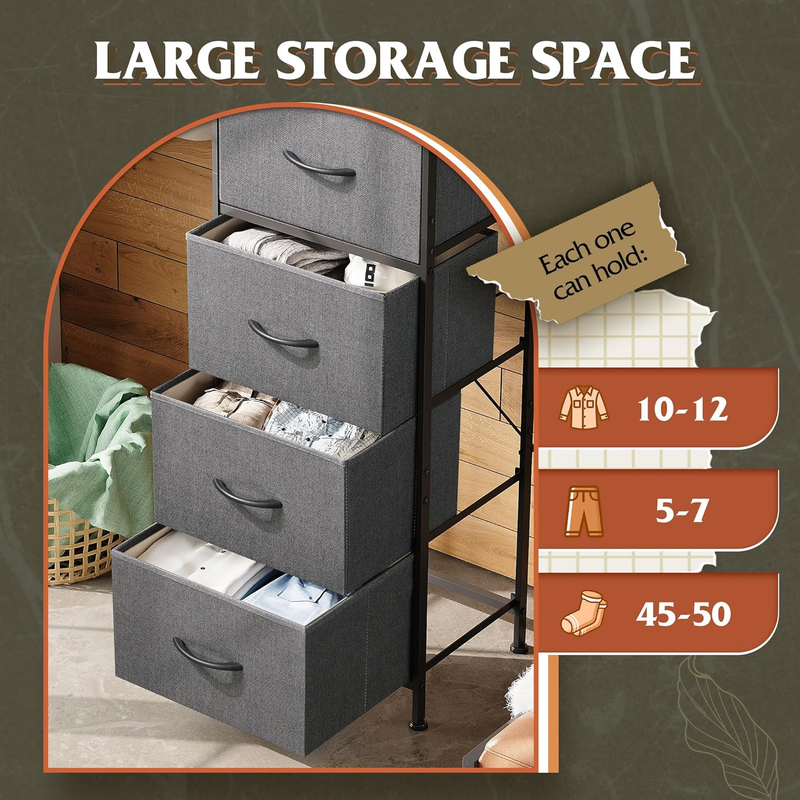 5 Drawer Fabric Dresser Storage Tower Steel Frame Wood Top Dark Grey4