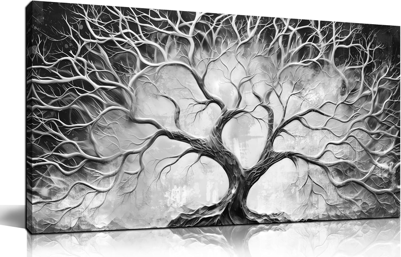 Modern Black and White Tree Wall Art for Living Room or Bedroom 20" X 40"0
