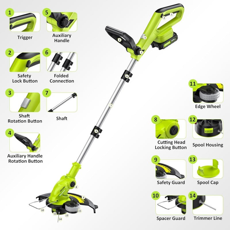 Electric String Trimmer Cordless with 2X2.0Ah Battery, 20V Battery Powered 12 In6