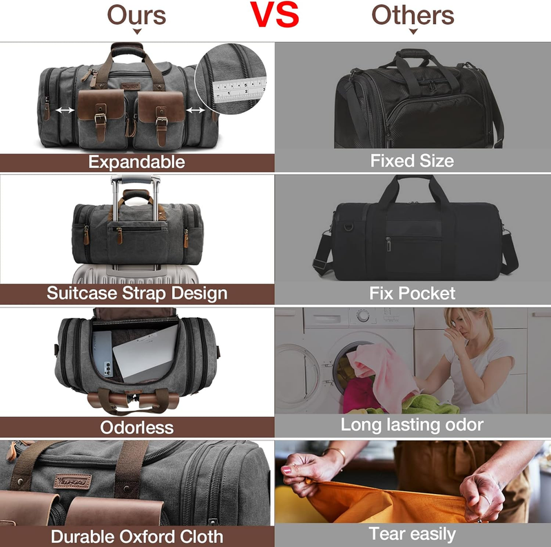 50L Canvas Leather Duffel Bag Expandable Overnight Weekender Travel Bag5