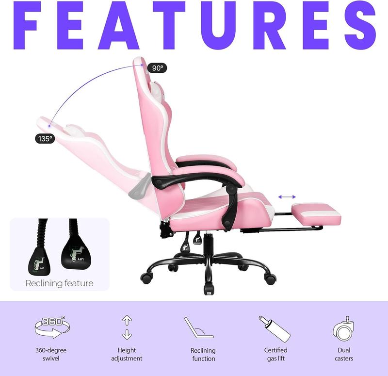 Video Gaming Chair with t High Back Recliner Adjustable Pink Leather Desk Chair4