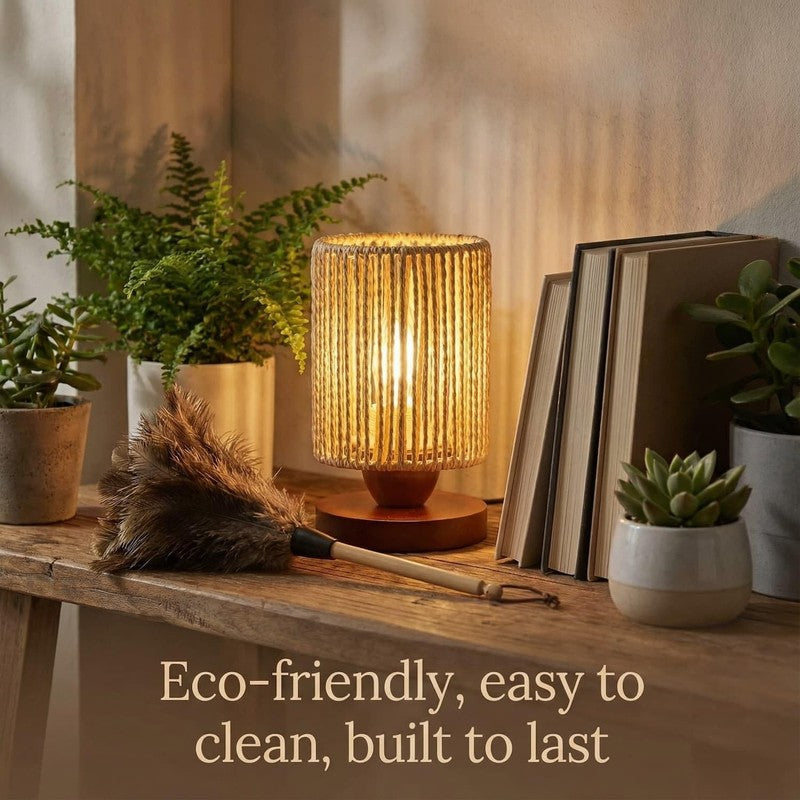 Small Rattan Table Lamp Boho Bedside Night Light Wood Base LED 8.6in8