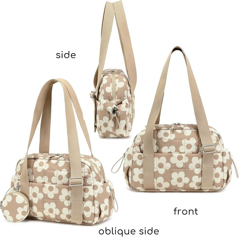 Mini Gym Bag Women Quilted Duffel Wet Compartment Coin Purse Brown Flower6