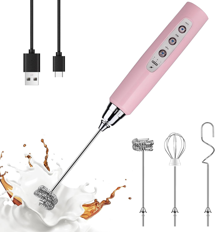Milk Frother Handheld USB Rechargeable 3 Speed 3 Heads Coffee Whisk Pink11