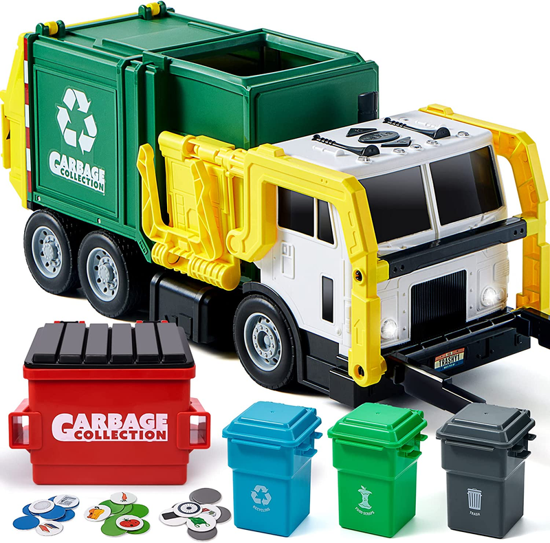 Large Friction Powered Garbage Truck Toy Set, Includes Dumpster, Trash Bins, and9