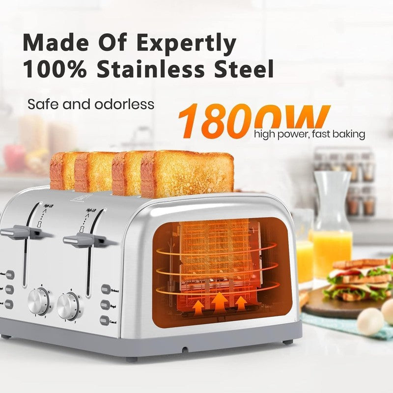 Retro 4 Slice Stainless Steel Toaster T-527 - Wide Slot, 7 Shades, Bagel, Waffle2