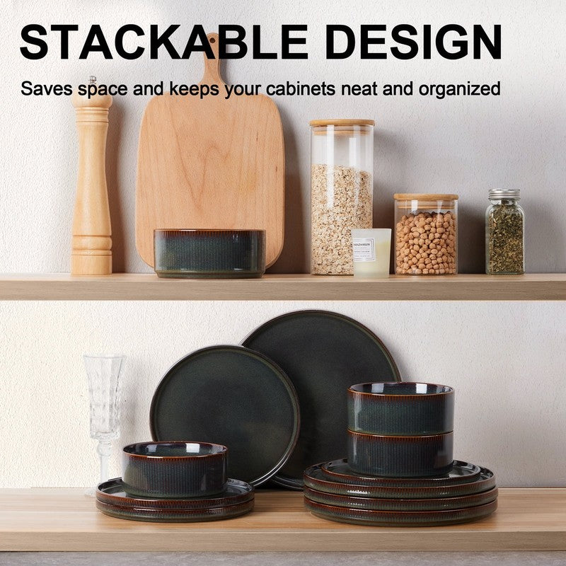 Dinnerware Set for 4, 12 Piece Stoneware Ribbed Dishes with Reactive Glaze, Cera8