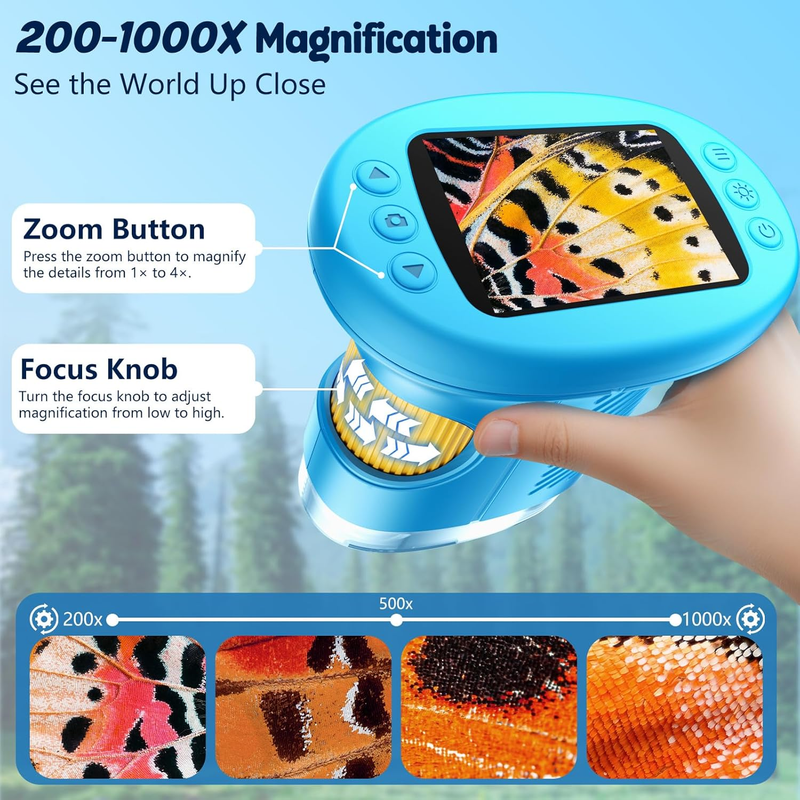 Kids 1000X Handheld Digital Microscope 4K 2.4" Display w/ 12 Slides – Blue4