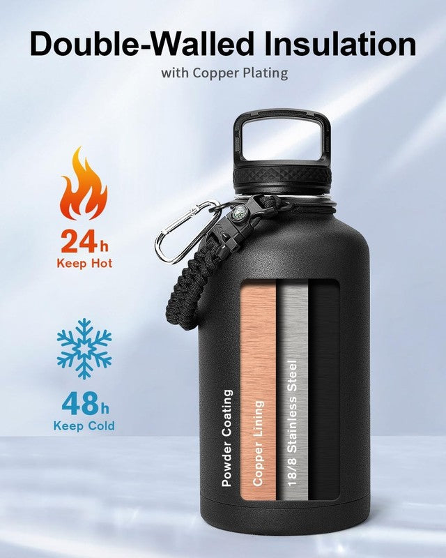 64oz Insulated Water Bottle Black   Triple Wall Vacuum, 3 Lids, Hot & Cold1