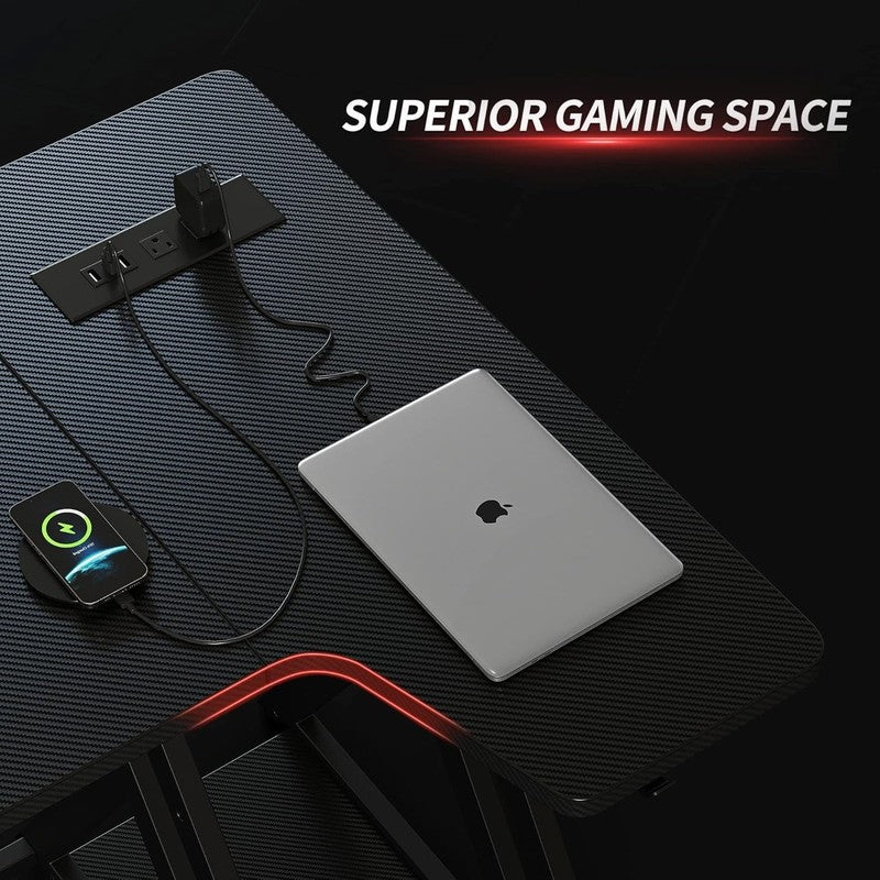 40" L Shaped Gaming Desk Aurora LED Lights Power Outlets Carbon Fiber w/ Shelves7