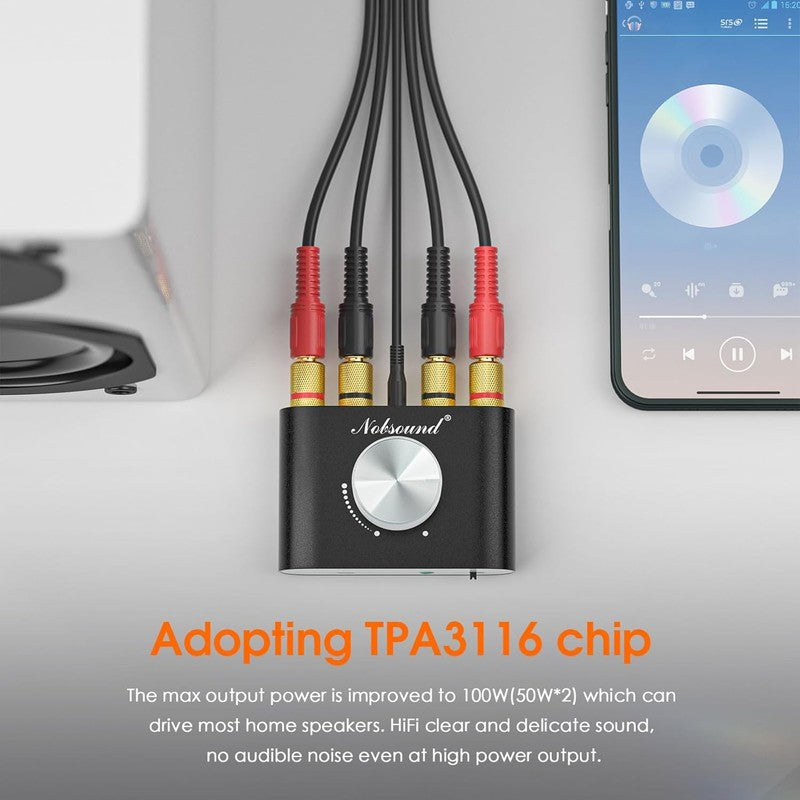 Mini Bluetooth 5.0 Stereo Hi Fi Amp 2×50W Aux/USB/Wireless PC Audio Black1