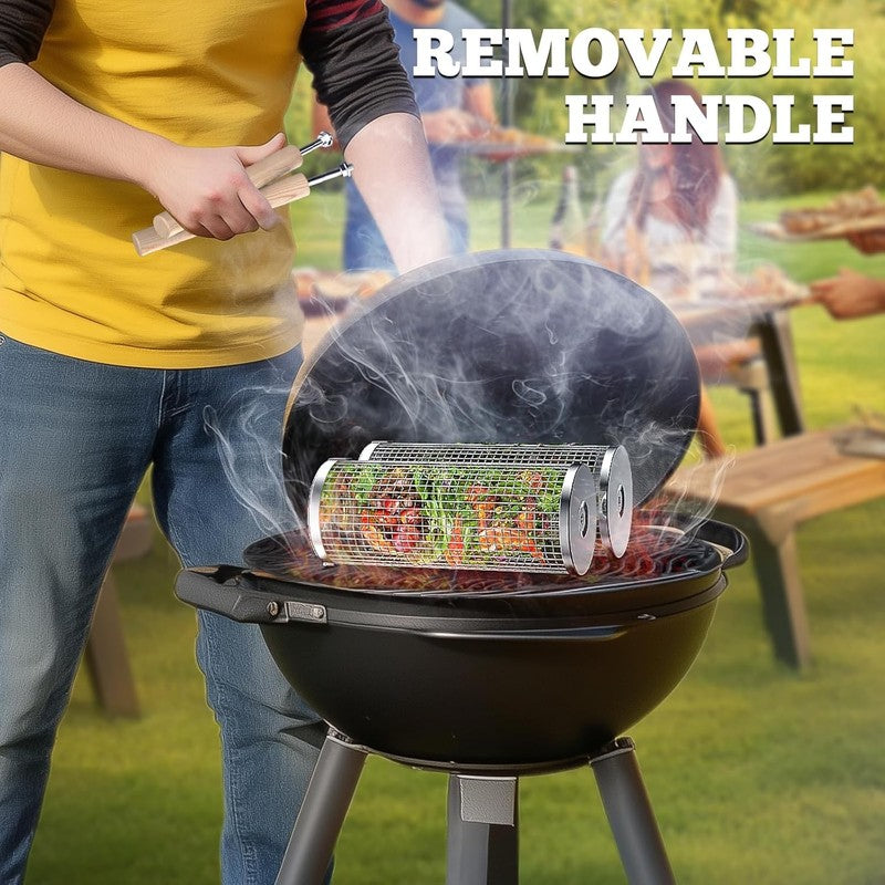 Rolling Grill Basket, Removable Wooden Handle, 304 Stainless Steel, Nesting BBQ 4