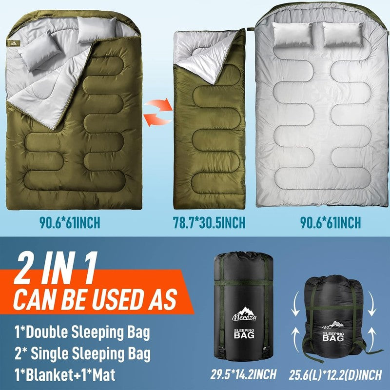 Double Sleeping Bag XL Queen Size 2 Person w/ Pillow All Season4