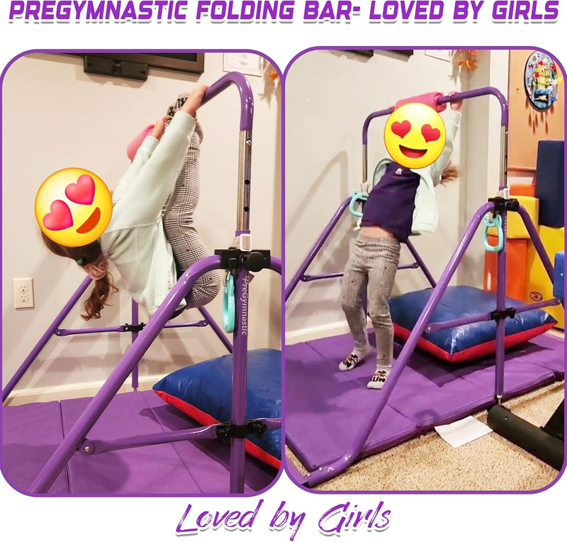 Folding Kids Gymnastics Bar w/ Rings Sturdy Kip Bar Horizontal Home Gym4