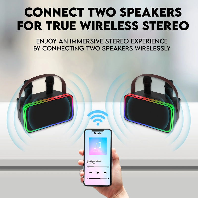 Bluetooth Karaoke Machine w/ 2 Wireless Microphones LED Lights 9Hr Playtime7
