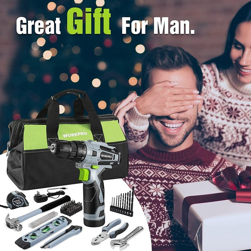 12V Cordless Drill Driver Kit, Power Tool Kit for Home, 61 Piece Hand Tool Set,3