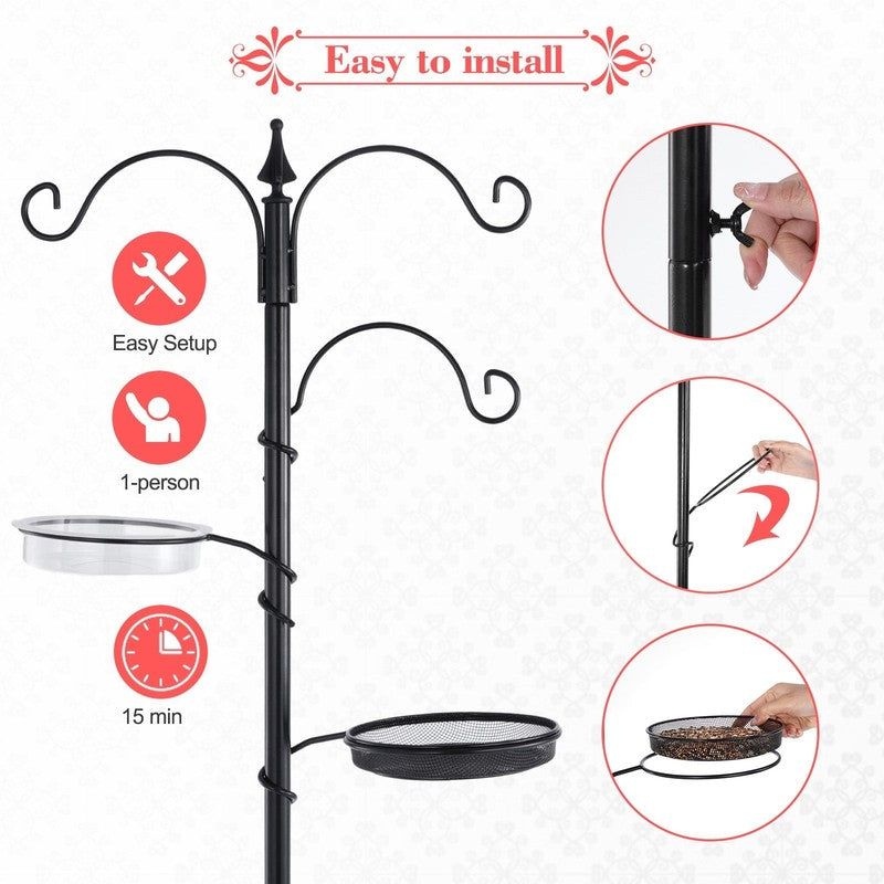 77" Black Bird Feeding Station Kit w/ 5-Prong Base, Outdoor Feeder Stand2