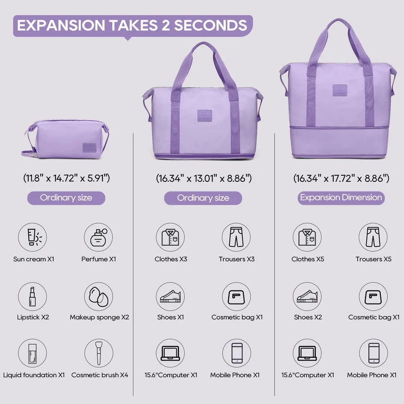 2Pc Travel Duffel Bag Set Waterproof Carry On Weekender w/ Toiletry Bag3