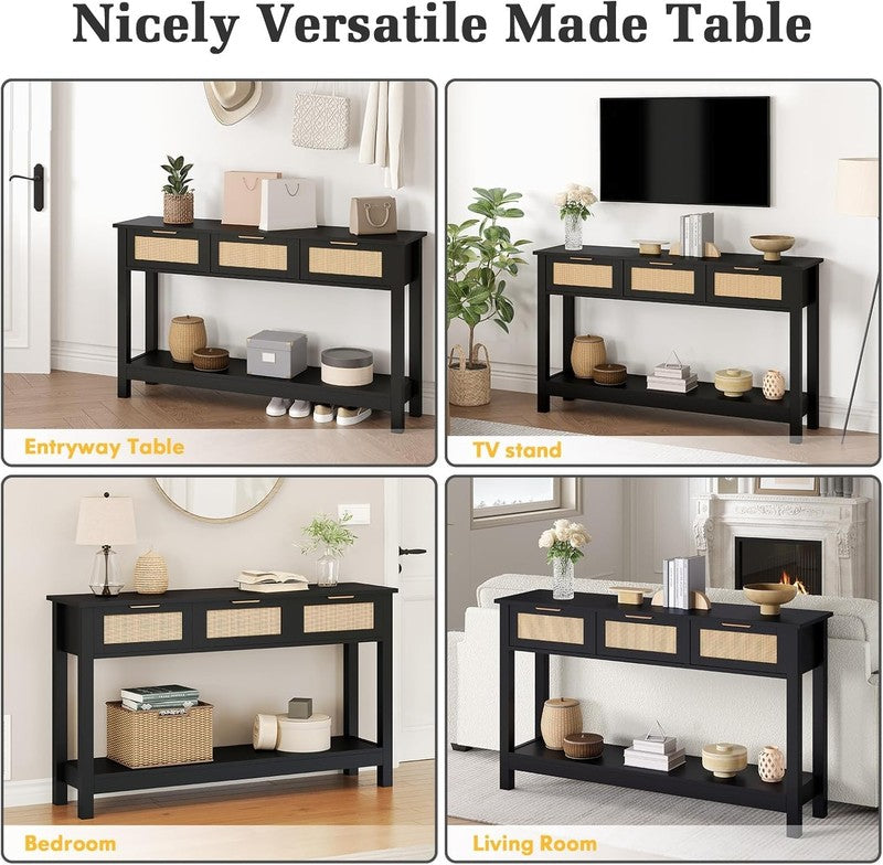 47'' Black Entryway Console Table 3 Rattan Drawers Open Shelf Sofa Table4