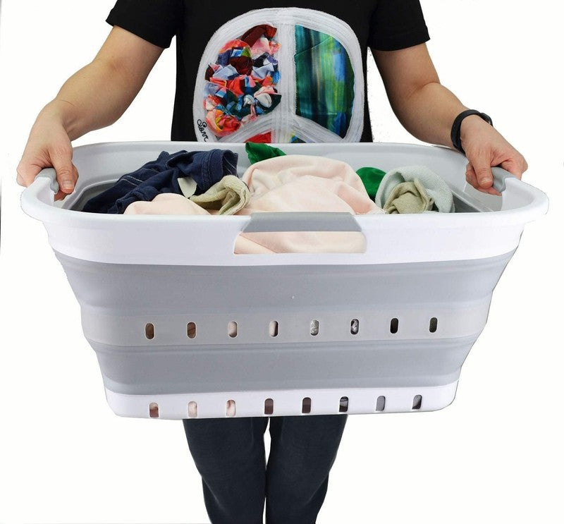 42L (11 Gal) Collapsible Plastic Laundry Basket White/Grey Foldable Hamper7