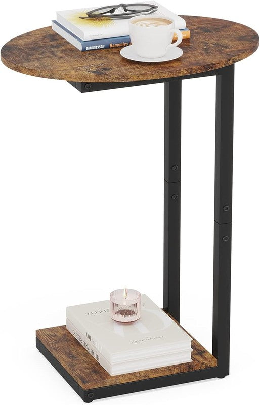 Rustic Brown C Shaped Side End Table Wood Sofa Table Metal Frame2